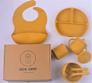 AOZ GMP Baby Feeding Set 8-Piece Led Weaning Supplies - Plate, Spoon, Fork, Bib, Bowl, Sippy Cup with Straw and Lid, and Water Cup - Set for Toddler- Food Grade BPA Free - Dishwasher Safe (Mango)