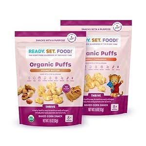 Ready, Set, Food! Organic Puffs | Daniel Tiger Apple Cinnamon and Peanut Butter Variety (2 Pack) | Organic Baby Toddler Puffs with 9 Top Allergens | No Sugar Added