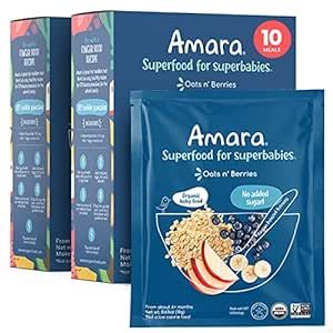 Amara Organic Baby Food | Oats and Berries | Baby Cereal to Mix With Breastmilk, Water, or Baby Formula | Baby Food Pouches, Made from Organic Fruit and Veggies | Stage 2 | 10 Pouches