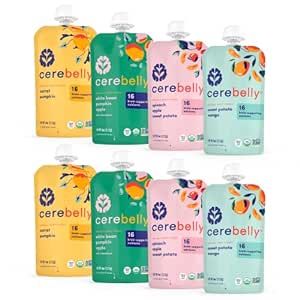 Cerebelly Baby Food Pouches - Organic Veggie Purees Variety Pack (4 oz, Pack of 8) Toddler Snacks - 16 Brain-supporting Nutrients - Healthy Snacks, Gluten-Free, BPA-Free, Non-GMO