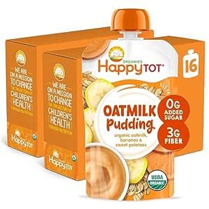 Happy Tot Organics Oatmilk Pudding, Dairy-Free, Stage 4 Toddler Snack, Oatmilk, Bananas & Blueberries, 4 Ounce Pouch, Pack of 16
