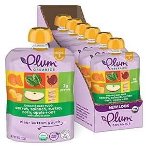 Plum Organics Stage 3 Organic Baby Food Meals [9+ Months] Carrot, Spinach, Turkey, Corn, Apple & Oat 4 Ounce Pouch (Pack Of 6) Packaging May Vary