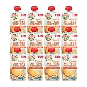 Earth's Best Organic Baby Food Pouches, Stage 2 Protein and Veggie Puree for Babies 6 Months and Older, Organic Sweet Potato Garbanzo Barley, 3.5 oz Resealable Pouch (Pack of 12)