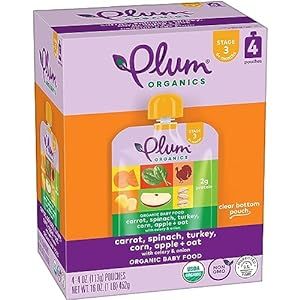 Plum Organics Stage 3 Organic Baby Food, Carrot, Spinach, Turkey, Corn, Apple & Potato, 4 Ounce (Pack of 4) Packaging May Vary
