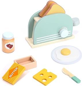 Wooden Play Pop Up Toaster Set Toys, Wooden Play Food and Kids Play Kitchen Accessories, Toys Gift for Toddlers Girls & Boys