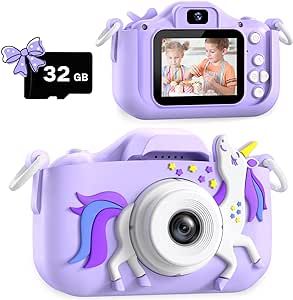 Dwfit Upgrade Selfie Kids Camera, Christmas Birthday Gifts for Boys Girls Age 3-12, HD Kids Digital Video Cameras for Toddler with Cartoon Soft Silicone Cover, Portable Toy for 3 4 5 6 7 8 Years Old