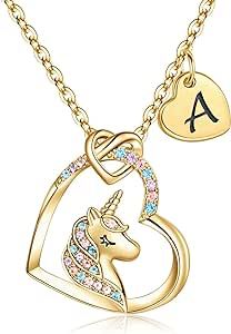 Hidepoo Unicorns Gifts for Girls - 14K Gold/White Gold/Rose Gold Plated Colorful CZ Heart Pendant Unicorn Necklaces for Girls Jewelry Initial Unicorn Necklace Birthday Gifts Unicorn Gifts for Girls