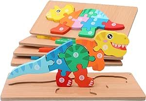 MONTESSORI MAMA Toddler Puzzles for Kids Ages 3-5 Dinosaur Puzzle 5-Pack, Montessori Toys for 3 Year Olds, Toddler Toys Age 2-4 Gifts for 3 Year Old Boys Girls, Wooden Puzzles for Toddlers