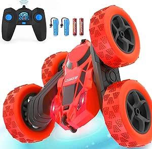 cosone Remote Control Car for Boys - Car Toy for Kids Age 6 7 8 9, 4WD 2.4Ghz Double Sided 360° Rotating RC Cars with Headlights, Christmas Birthday for Boys - Red