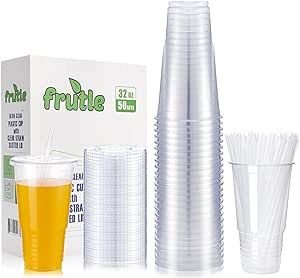 FRUTLE 32oz Plastic Cups with Lids and Straws, Disposable Cups for Iced Coffee,Cold Drinks, Milkshake, Bubble Tea,Smoothie and TO-GO Drinkings[50Sets Pack]