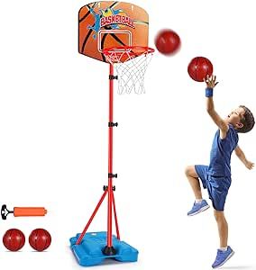Toddler Basketball Hoop Stand Adjustable Height 2.5 ft -6.2 ft Mini Indoor Basketball Goal Toy with Ball Pump for Kids Boys Girls 2 3 4 5 6 7 8 Years Old Outdoor Outside Toys 1-3 4-8 Yard Games