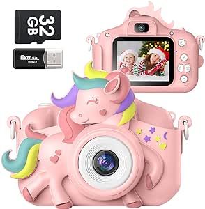 Kids Camera for 3-8 Years Old Toddlers Childrens Boys Girls Unicorn Selfie Camera 20.0 MP HD 1080P IPS Screen Dual Digital Toy Camera with 32GB SD Card for Kids Christmas Birthday Gifts Pink