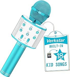 Verkstar Karaoke Microphone for Kids, Wireless Bluetooth Microphones with 18 Built-in Nursery Rhymes for Toddler Singing, Birthday Gifts Toys Microphone for Girls Boys Adults