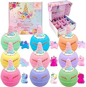 Unicorn Bath Bombs for Kids, 9 Large Organic Kids Bath Bombs with Squishy Toys Inside, Magic Unicorn Bath Bombs with Surprise Inside for Girls…