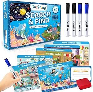Search and Find Cards for Kids Ages 3 to 6, Every Page is Reusable Activity Mats with 4 Dry Erase Markers for Preschool Learning Educational Games for Boys & Girls Toddlers Aged 3+