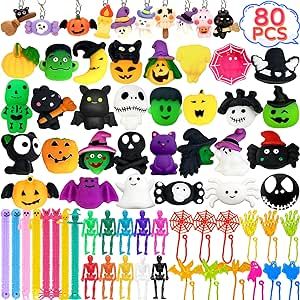 Halloween Party Favors Squeeze Toys - 80 PCS Kids Halloween Toys, 30 Cute Squishes + 20 Mini Pendants + 8 Stretchy Strings + 10 Skeletons +12 Sticky Toys, Stress Relievers Halloween Goodie Bag Fillers