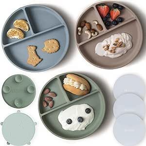 Moonkie Suction Plates for Baby | 100% Silicone BPA-Free Baby Plates with Lids and Food Cover | Divided Design | Microwave and Dishwasher Safe | Toddler Plates 3 Pack (Warm Taupe/Ether/Sage)
