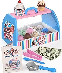 Ice Cream Counter Playset for Kids, Pretend Play (28 pcs) Best Gift for 3 4 5 6 Year Old Girl or Boy, Play Food Scoop and Serve, Toddler Toy