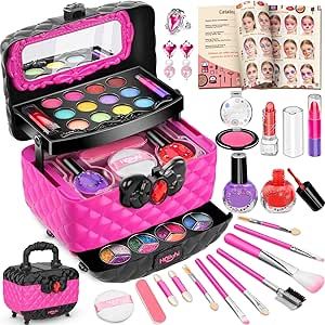 Hollyhi 41 Pcs Kids Makeup Kit for Girl, Washable Makeup Set Toy with Real Cosmetic Case for Little Girls, Pretend Play Makeup Beauty Set Birthday Toys Gift for 3 4 5 6 7 8 9 10 11 12 Years Old Kid
