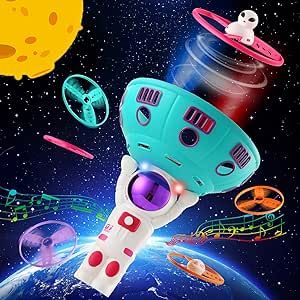 Outdoor Toys for Kids Ages 4-8 - Flying Disc Launcher Toy, LED Astronaut Play Toys with Sounds, 2&1 Flying Saucer Mode and Spinning Top Mode Flying Toys, Birthday Gift for 3-8 Year Old Boys Girls