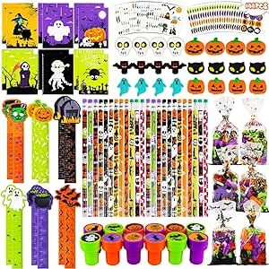 Advoxa Halloween Stationery Set for Kids - 144PCS Trick or Treat Party Favors Toys Gifts for Kids Classroom School Party Suppliers Halloween Themed Carnival Game Prizes Goodie Bag Fillers