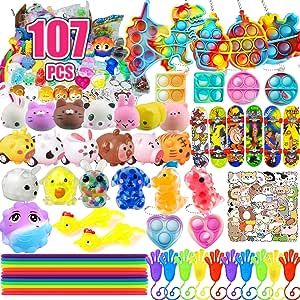 Leeche Premium Pop Party Favors Toys for kids,107PCS Prize Box Toys for All Ages kids,Birthday Party, School Classroom Rewards, Carnival Prizes, Pinata Fillers, Treasure Chest, Goody Bag Fillers