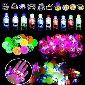Halloween Party Favors for Kids - 52PCS Halloween Decorations LED Flash Rings for Kids' Halloween Party Supplies, 3 Types LED Halloween Toys with Bouncy Balls for Treat or Trick, Party Game Gifts
