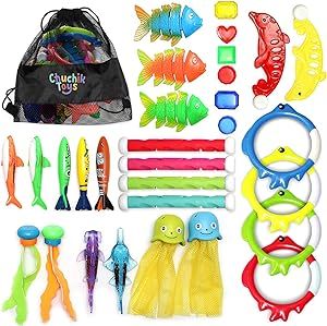 Chuchik Diving Pool Toys 30 Pack, Swimming Pool Toys for Kids Includes 4 Diving Sticks, 4 Diving Rings, 6 Treasures, 3 Toypedo Bandits, 9 Fish Toys, 4 Octopus - Water Toys with a Storage Net Bag