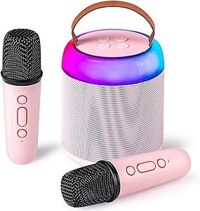 Mini Karaoke Machine with 2 Wireless Microphones for Kids Adults, Portable Bluetooth Speaker Toy for Girls and Boys 2 4 5 6 7 8 9 10 12 Year Old Girl Birthday Gift Home Party Ideas (Pink)
