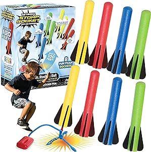 Stomp Rocket Original Jr. Rockets Launcher for Kids - Soars 100 Ft - 8 Multi Color Foam Rockets and 1 Adjustable Launcher Stand - Fun Outdoor or Indoor Toy and Gift for Boys or Girls Age 3+ Years Old