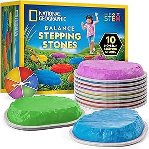 NATIONAL GEOGRAPHIC Stepping Stones for Kids – 10 Durable Non-Slip Stones Encourage Toddler Balance & Gross Motor Skills, Indoor & Outdoor Toys, Balance Stones, Obstacle Course (Amazon Exclusive)