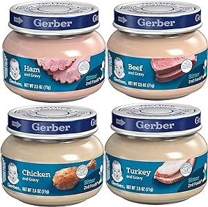 Gerber 2nd Foods 12 Total 2.5 Ounce Jars of Each Flavor (3 Turkey & Turkey Gravy, 3 Ham and Ham Gravy, 3 Chicken & Chicken Gravy, 3 Beef and Gravy)